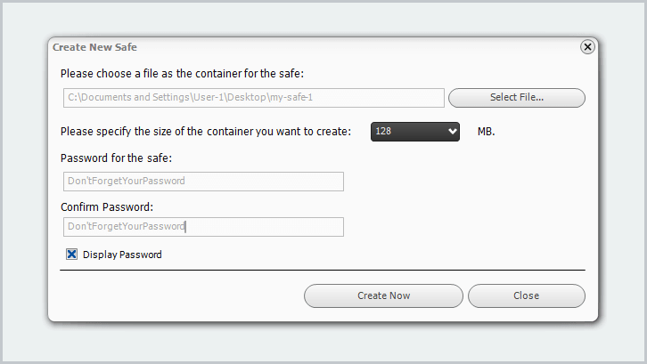 Make the container file, size, and enter a password